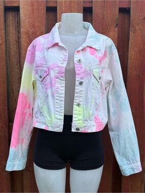 No Boundaries Pastel Neon Tie Dye Cropped Denim Jacket Plus Size XXL 2X